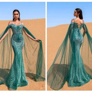 Emerald Green Off-Shoulder Sequin Evening Gown